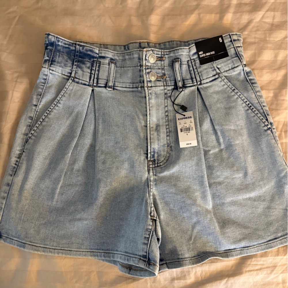 Express Light Blue High Rise Pleated Denim Shorts